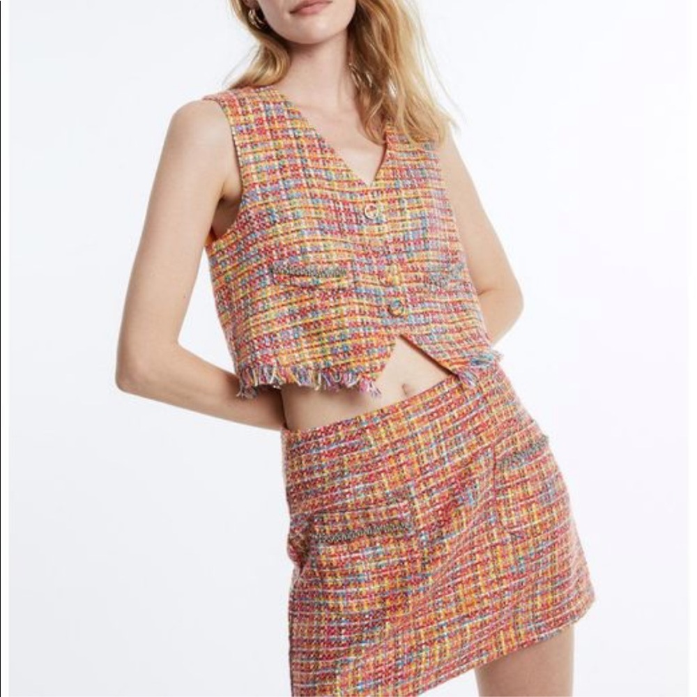 White Multicolor Raw Hem Tweed Vest & skirt NWT